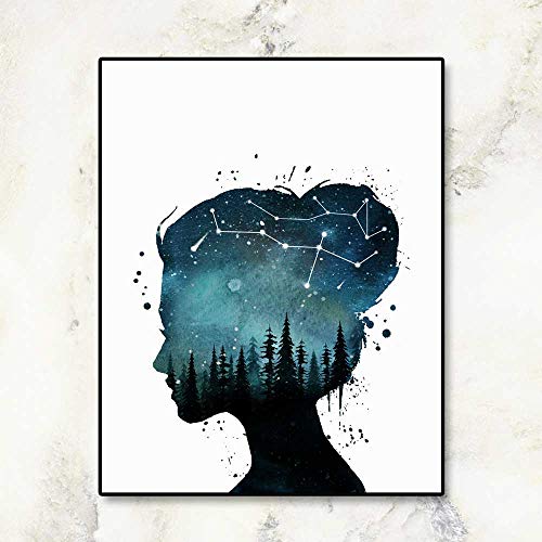 ZEARPT Celestial Girl Wall Art 8x10 Inch – Watercolor Forest Silhouette Print with Starry Sky & Constellation, Boho Aesthetic Bedroom Decor for Teen Girl Room, Feminine Dreamy Artwork, Unframed