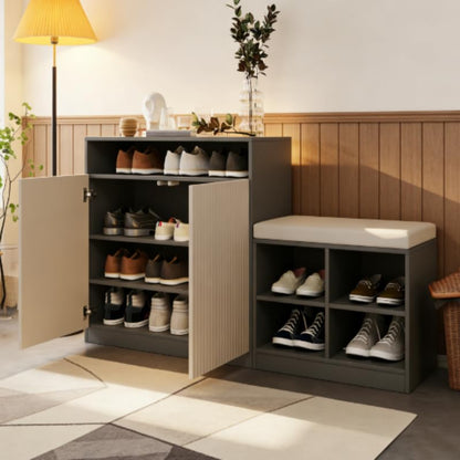 Low Entryway Shoe Cabinet with Bench,2 Doors and 3-Tier Adjustable Shelves,Living Room Benchs with 4 Open Shoe Racks and Removeble Cushion,Storage Console Table with Wavy Slatted Door and Hooks,Grey - color: Beige+grey