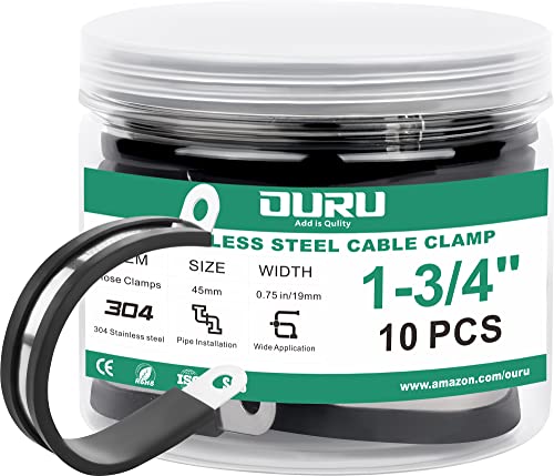 OURU 10pcs 1-3/4 Inch Stainless Steel & Rubber Coated Cushioned Insulated Cable Clamps, Automotive Pipe & Wire Clamps, Black - size: 10pcs - 1-3/4"