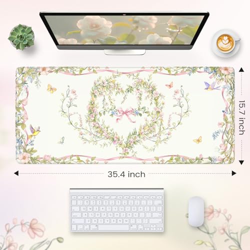 HAOCOO Floral Bow Desk Mat, Cute Keyboard Mat for Desk, XXL Mouse Pad with Non-Slip Base, Waterproof Computer Mat for Office Decor & Accessories, Girly Desk Organizers for Home - color: D-beige, size: 35.4" x 15.7"