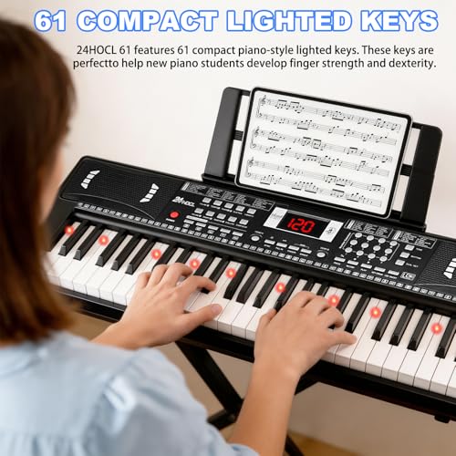 Keyboard Piano 61 Lighted Keys, Electric Keyboard Kit with 100 Voices, 100 Rhythms - Built-In Speaker, Microphone, Sheet Stand and Power Supply, Gift for Children Beginners [Black, Piano with Stand] - color: Black