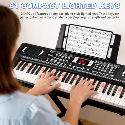Keyboard Piano 61 Lighted Keys, Electric Keyboard Kit with 100 Voices, 100 Rhythms - Built-In Speaker, Microphone, Sheet Stand and Power Supply, Gift for Children Beginners [Black, Piano with Stand] - color: Black