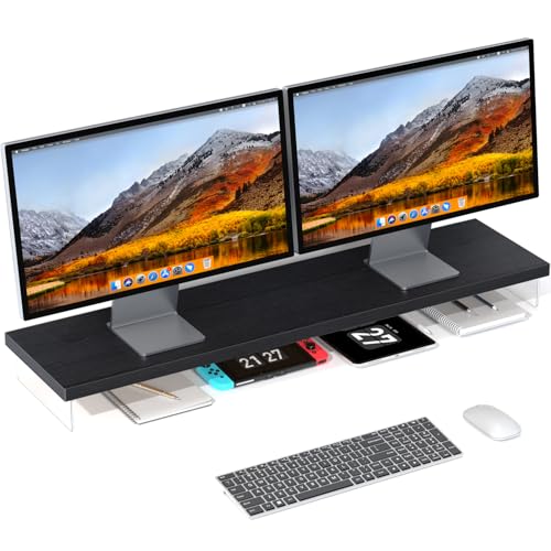 Dual Monitor Stand Riser, 40" Large Computer Monitor Stands for 2 Monitors, Wooden Desktop Organizer Shelf for Office Desk Computer, Laptop, TV, Monitor, Printer - color: Black Oak, size: 40*10 Inch