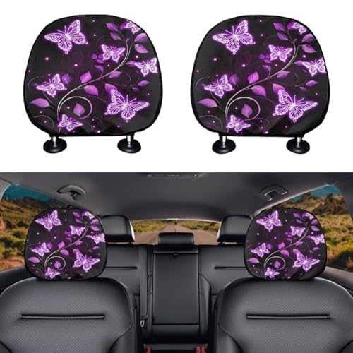 Butterfly Headrest Covers for Cars Stretchy Seat Head Rest Protector Set of 2 Pcs Car Seat Headrest Cover Replacement Dust Covers Elastic Pillow Covers,for Most Vans,Trucks - color: Butterfly purple