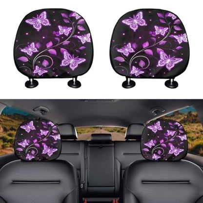 Butterfly Headrest Covers for Cars Stretchy Seat Head Rest Protector Set of 2 Pcs Car Seat Headrest Cover Replacement Dust Covers Elastic Pillow Covers,for Most Vans,Trucks - color: Butterfly purple