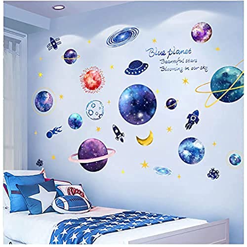 Quanhaigou Blue Purple Galaxy Wall Decals, Removable Sticker,The Art Magic 3D Milky Way Cosmic Stars Spacecraft Dreamscape Home Decor for Bedroom Living Room Floor Ceiling Kids Room - color: Blue Stars