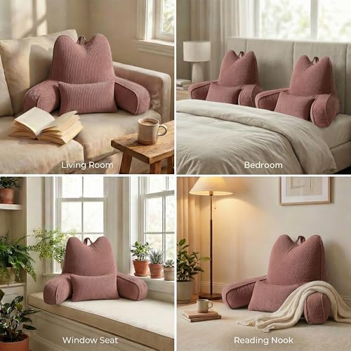 Patented Design Lounge Pillow with Arms for Couch & Bed, Extra Large Reading Pillow Backrest with Detachable Lumbar Support, Sitting Up Support Cushion with Side Pockets, Brick Brown - color: Brick Brown