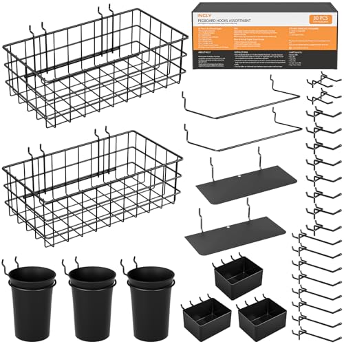 INCLY 30PCS Peg Board Organizer Accessories Kit, Pegboard Hooks Assortment with Bins, Cups, Wire Baskets and Paper Towel Holder for 1/8“ and 1/4” Pegboard Garage Workbench Craft Room Organizing Tools - color: Black