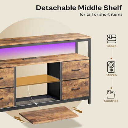 Huuger TV Stand Dresser with Power Outlets and LED Lights, 4 Drawers Entertainment Center with Shelves, 54 Inch Media Console for 55 60 Inch TV, 4 AC Outlets, 2 USBs, Rustic Brown - color: Rustic Brown, size: 54 Inches