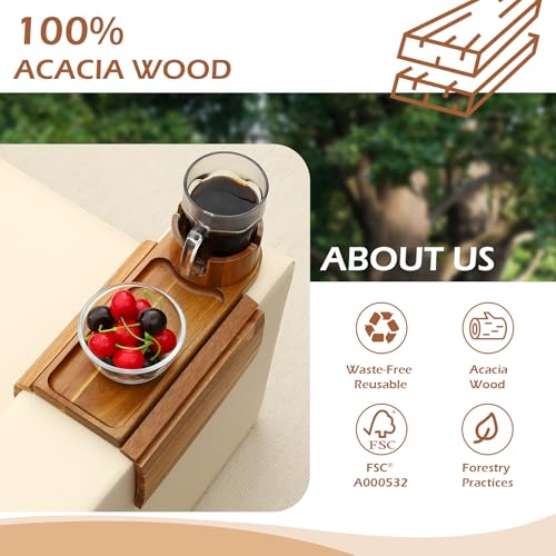 Couch Cup Holder Tray, 15.75" Acacia Wood Couch Armrest Table, 3 in 1 Foldable Sofa Clip on Side Table with 360° Phone Stand, Armrest Tray for Coffee Snacks - color: Acacia Wood