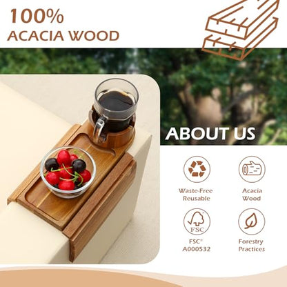 Couch Cup Holder Tray, 15.75" Acacia Wood Couch Armrest Table, 3 in 1 Foldable Sofa Clip on Side Table with 360° Phone Stand, Armrest Tray for Coffee Snacks - color: Acacia Wood
