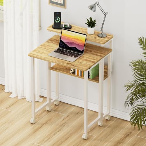 GreenForest Folding Desk with Adjustable Monitor Stand, 24.8 in Small Desk | Storage Shelf, Lockable Wheels, Portable, Space Saving, Mobile Rolling Table for Small Spaces, Home Office, Writing, Oak - color: Oak