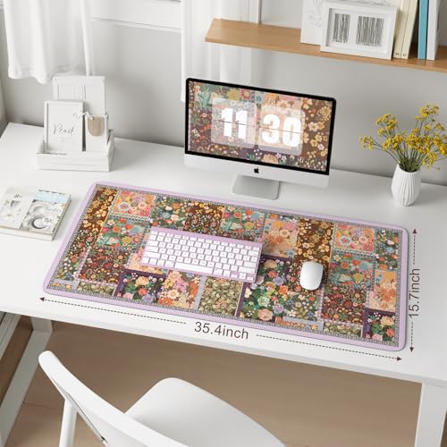 iCasso Floral Desk Pad Mat, Large Mouse Pad, Desk Matt for Desktop, Anti-Slip XXL Big Mousepad with Stitched Edges for Computer Keyboard (Brown) - color: Brown