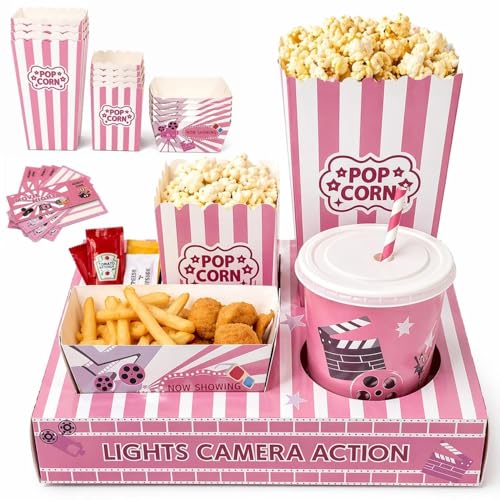 100 PCS Pink Movie Night Party Supplies Set, Movie Snack Trays with Popcorn Boxes, Treat Boxes and Invitation Cards, Cute Disposable Snack Holders for Girls' Night Birthday Sleepover Pajama