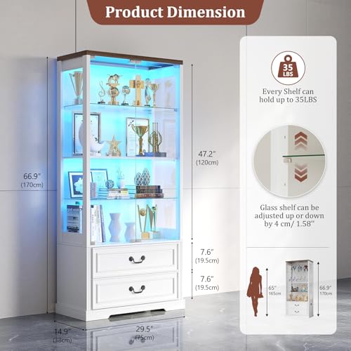 TAGELIER 67" Tall Display Cabinet with Glass Doors and 2 Drawers | Curio Cabinet with Motion Sensor, Led Light Display Cases for Collectibles and Books, China Display Shelf for Living Room - color: 97047-white