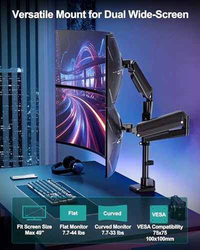 MOUNT PRO Dual Monitor Arm for Max 49" Ultrawide Screens up to 44 lbs, Heavy Duty Extra Tall Monitor Desk Mount, Vertical Stacked Adjustable Dual Monitor Mount, VESA Mount 75x75mm/100x100mm - size: Max 49" Gas Spring