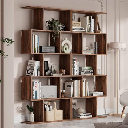 Cozy Castle Set of 2 Geometric Bookcase, S-Shaped Modern Bookshelf, Room Divider Bookshelf, 62" Tall Unique Abstract Bookcase with 5-Tier Display Shelf for Living Room Office, Rustic Brown - color: Rustic Brown