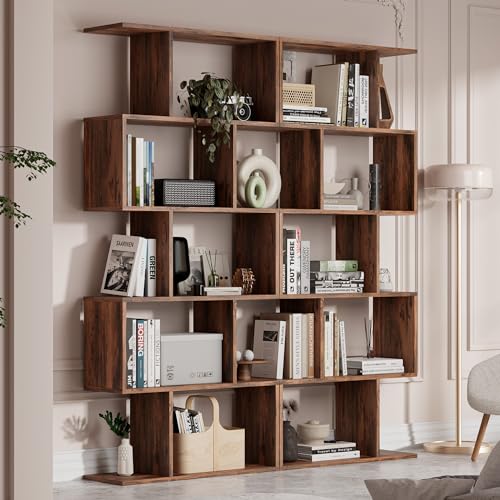 Cozy Castle Set of 2 Geometric Bookcase, S-Shaped Modern Bookshelf, Room Divider Bookshelf, 62" Tall Unique Abstract Bookcase with 5-Tier Display Shelf for Living Room Office, Rustic Brown - color: Rustic Brown