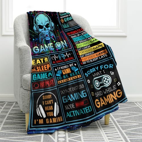 Jekeno Gaming Gifts Blanket for Gamer Teen Boys Men Son Brother Birthday Christmas Video Game Controller Gamepad Headphones Print Present Decor Home Sofa Couch Kids Adult Soft Cozy Plush Throw 50"x60" - color: Black Game Gifts