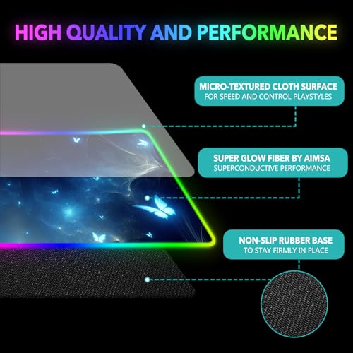 AIMSA RGB Gaming Mouse Pad XXL Large, Extended Glowing Led Light Up Cool Mouse pad Desk Pad Non-Slip Rubber Cute Mousepad Mat 35.4x15.8 Inch, Mysterious Glowing Butterfly - color: Mysterious Glowing Butterfly