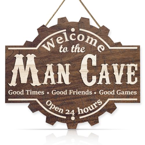 OLMIXA Man Cave Wooden Sign (12.3x10.2 inch), Vintage Man Cave Welcome Door Hanger, Gift for Men Him Dad Farther Day, Decorative Hanging Signs for Gaming Room Home Bar Decor