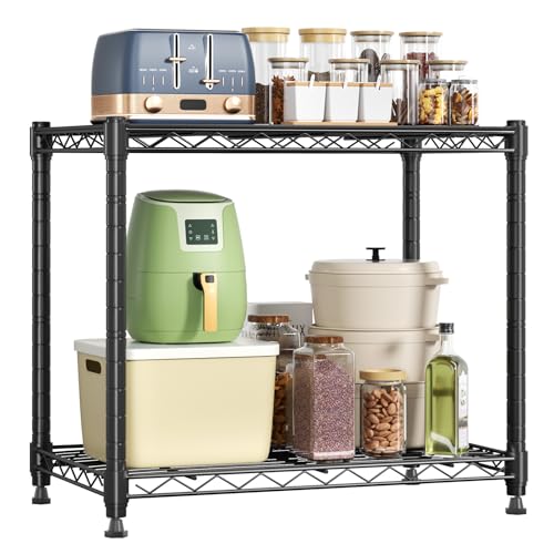 DUMOS 2-Tier Metal Wire Storage Shelves, Adjustable Standing Storage Rack Shelf, Heavy Duty Steel Shelving Unit Organizers for Kitchen Bathroom Pantry Garage, 23.1" Wx13.1 Dx22.1 H, Black - size: 2 Tiered-22.1"H without wheels