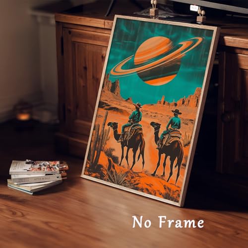 Desert Landscape Canvas Wall Art Outer Space Pictures Western Cowboy Painting Camel Canvas Wall Art Futuristic Surreal Print Vintage Planet Posters Desert Animal Prints For Room 16x24inch No Frame - color: C2Unframed