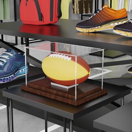 VGMiu Football Display Case with Wood Base, Acrylic Football Case Display Clear Box with Removable Built-in Ball Holder for Autographed Footballs, Sports Collectibles, Memorabilia Displays - size: Football Case
