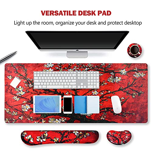 ARTSO Large Gaming Mouse Pad, Keyboard Wrist Rest Pad & Wrist Support Mousepad Set, Stitched Edge, Extended, Non-Slip Base, Memory Foam Desk Mat 4pcs for Office & Home, Red Van Gogh Painting - color: Red Van Gogh Painting