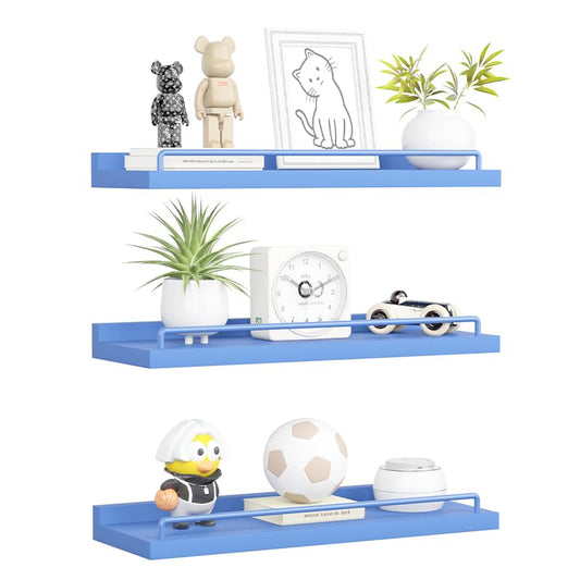 RYOFOBETTO Blue Floating Shelves, Room Decor Shelves,Pink Kawaii Room Decor Wall Shelves for Living Room, Bedroom, Picture Frames, Plants, Kitchen, Set of 3 (Blue) - color: Blue, size: 16"