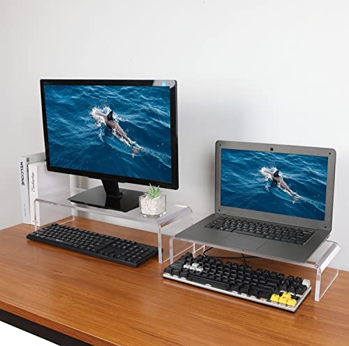 2 Pack Computer Monitor Riser with keyboard cover Anti-Cat, Dual Monitor Stand Riser, Multimedia Desktop Stand for Dual Monitors/Laptop/Flat Screen TV (20"+14")