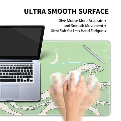 Matcha Green White Japanese Anime Gaming Mouse Pad XL Cute Kawaii Sage Aesthetic Wave Extended Large Desk Mat Non-Slip Rubber Base Stitched Edge Keyboard Mousepad for PC Office Laptop,31.5×11.8 in - color: Green Wave, size: X-Large