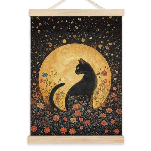 LZYRF Witchy Black Cat Full Moon Wall Art Poster Framed, Dark Cottagecore Decor, Whimsical Mystical Black Cat Floral Canvas Prints Wall Decor for Home Bedroom Living Room, 12x16 Inch - color: the cat in the moonlight, size: 16"L x 12"W