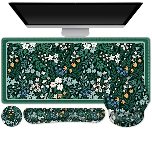 ARTSO XXL Large Gaming Mouse Pad with Wrist Rest, Ergonomic Mouse Pad, Keyboard Wrist Rest, Home Office Desk Accessories, Green Flower Plants - color: Green Flower Plants