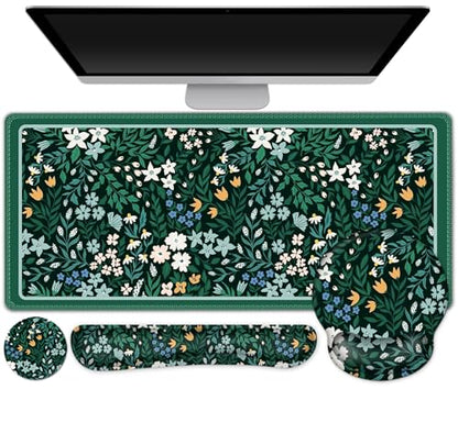 ARTSO XXL Large Gaming Mouse Pad with Wrist Rest, Ergonomic Mouse Pad, Keyboard Wrist Rest, Home Office Desk Accessories, Green Flower Plants - color: Green Flower Plants
