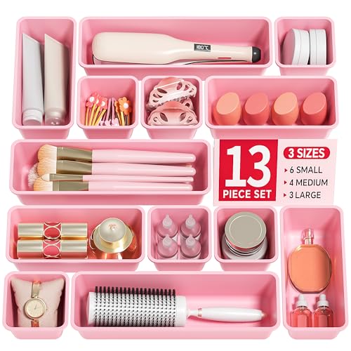 Canfanni 13 Pack Plastic Drawer Organizers Set, 3 Sizes Desk Drawer Organizer Trays for Vanity and Makeup Organizer, Organization and Storage for Makeup, Kitchen Utensils, Bathroom and Office(Pink) - color: Pink