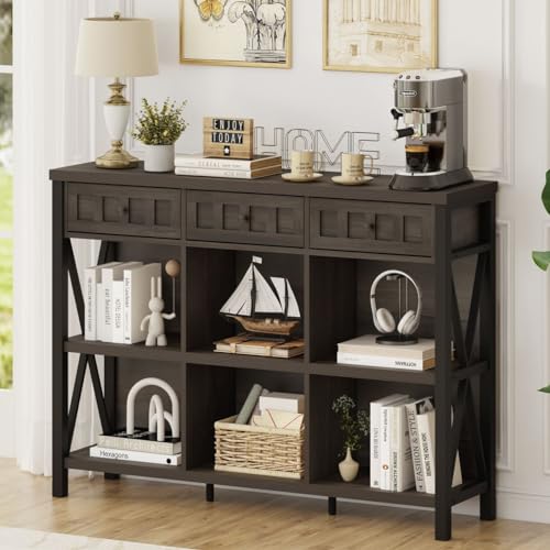 FATORRI Rustic 6 Cube Storage Organizer Bookshelf with 3 Drawers, Short Low Horizontal Bookshelf for Living Room, Industrial Wood and Metal Cubby Bookcase for Home Office (Walnut Brown, 47 Inch) - color: Walnut Brown, size: With Drawer