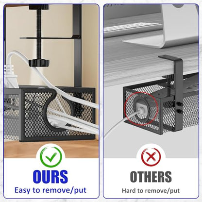 REFLYING Under Desk Cable Management Tray, Metal Long Arms (3.9in), No Drill Mesh Cable Tray, Wire Organizer, 1 Pack, Black