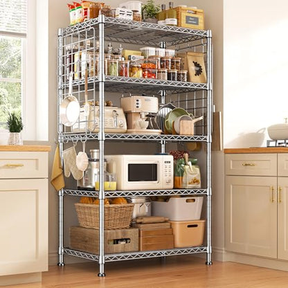 DurayLoly Storage Shelves with Hooks, Metal Shelving 5 Tier Adjustable, Storage Rack 530LBS, Chrome, Metal Shelf Easy Assemble, Wire Shelving for Kitchen, Pantry, 29.5" W x 11.8" D x 59.1" H
