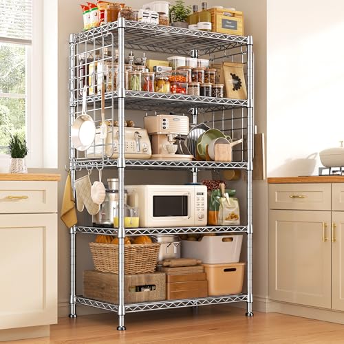 DurayLoly Storage Shelves with Hooks, Metal Shelving 5 Tier Adjustable, Storage Rack 530LBS, Chrome, Metal Shelf Easy Assemble, Wire Shelving for Kitchen, Pantry, 29.5" W x 11.8" D x 59.1" H