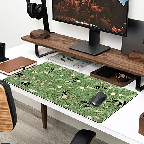 Green Desk Mat XL Cat Cute Plant Cool Desk Pad Keyboard Mat Kawaii Black Cat Flower Mouse Pad Green Desk Mat Desk Decor with Stitched Edges Non-Slip Large Computer Mat 31.5x15.7in - color: B-cat in the Meadow