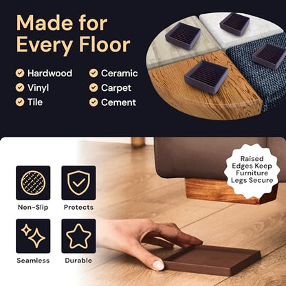 CasterMaster Square Rubber Pads - 5x5 in Brown, 4 Pack | Non-slip caster cups - anti-skid - Use for couches, beds & chairs on hardwood, tile & vinyl - color: Brown, size: 5'' x 5'' (Pack of 4)