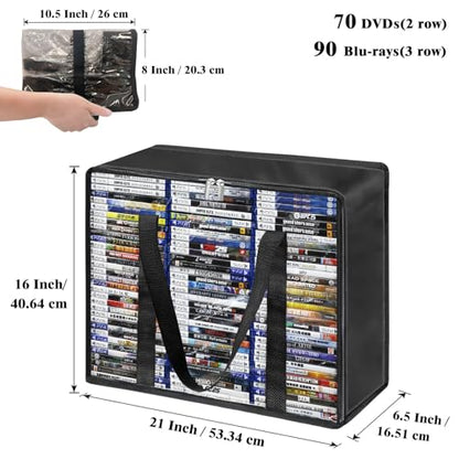 DVD Storage Bags 4 Pack - DVD Organizer with Handles & Zipper, Clear Media Holder Box for CD, Blu-ray Discs, Video Games, VHS - Each Bag Holds 70 DVDs, Total 280 Disc Capacity - size: 4 * Regular Bags