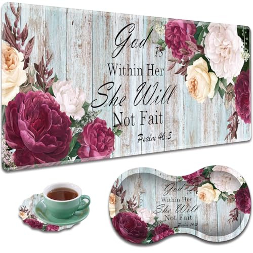 Large Gaming Mouse Pad + Mouse Wrist Rest Pad + Coaster Combination, 31.5 "x 11.8" Durable Non-Slip Extension Table Mat, Suitable for Office and Home, Bible Flower Psalm 46-5 - color: Bible Flower Psalm 46-5