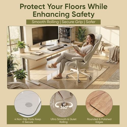 Tempered Glass Chair Mat for Hardwood Floor, 36" x 48" Heavy Duty Glass Office Chair Mat, for Low Pile Carpet, 0.2" Thick with 4 Non-Slip Pads, Smooth Rolling for Home & Office - size: 36" x 48"