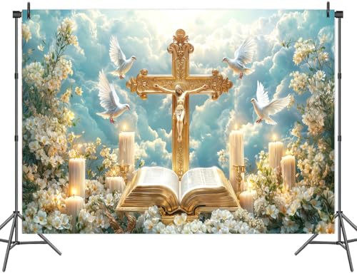 First Holy Communion Baptism Backdrop God Bless Banner 8X6FT White Floral Flowers Pigeons and Blue Sky Shower Party Decor Background for Newborn Baby Shower Party Supplies - color: White-1, size: 8X6FT