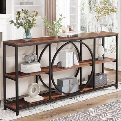 Tribesigns Extra Long Console Table, 70.9 inch Narrow Sofa Tables with 3 Tier Wood Storage Shelves Industrial Metal Frame for Entryway Hallway Living Room Behind Couch, Rustic Brown Black - color: Black Brown
