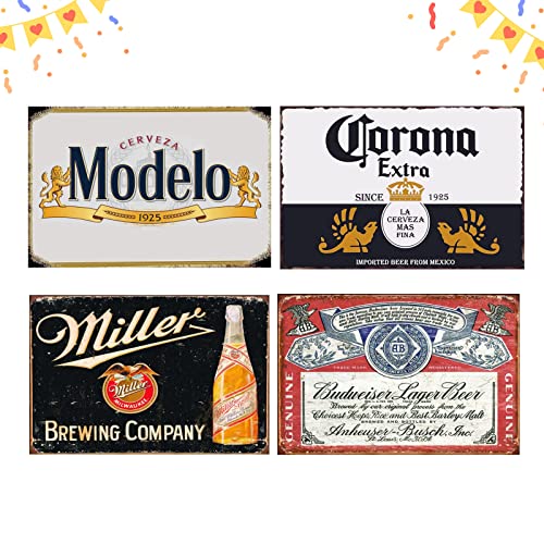 Vintage Beer Signs Collection - 4 Piece Bundle for Bar & Home Decor, 8x12 Inch Retro Metal Bar Signs - Ideal for Farmhouse, Garage, Home Bar Settings - color: Bar04