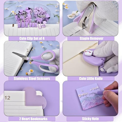 Purple Desk Accessories, 26Pcs Office Supplies and Desk Organizers, with Tape Dispenser, Stapler, Staple Remover Ect, Gift Box Packaging - color: Purple