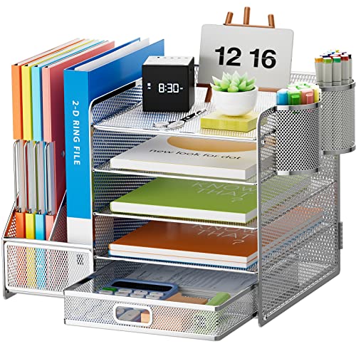 Marbrasse Desk Organizer with File Holder, 5-Tier Paper Letter Tray Organizer with Drawer and 2 Pen Holder, Mesh Desktop Organizer and Storage with Magazine Holder for Office Supplies (Silver) - color: Silver